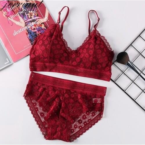 Jerrinut Sexy Lace Underwear Set For Women Brassiere Panties Set Lingerie Padded Bralette Briefs Ultrathin Female Intimates Suit