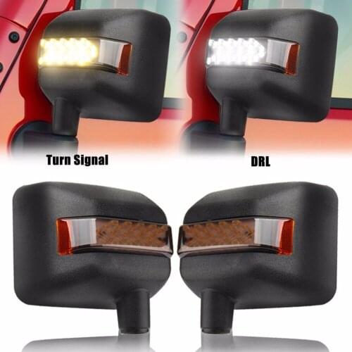 2PCS White LED Light Sidelight Rearview Side Mirror Housing W/ Yellow Turn Signal Lights For Jeep Wrangler JK JKU 2007 - 2017
