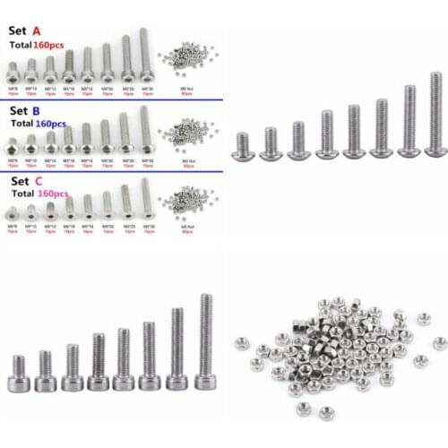 M5 304 Stainless Steel Hexagon Socket Screws Bolts Hex Nuts Assortment Kit 160pcs/set