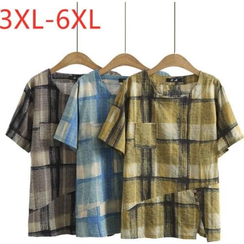 New 2021 Ladies Summer Plus Size Tops For Women Large Short Sleeve Loose Cotton Yellow Blue Plaid Pocket T-Shirt 3XL 4XL 5XL 6XL