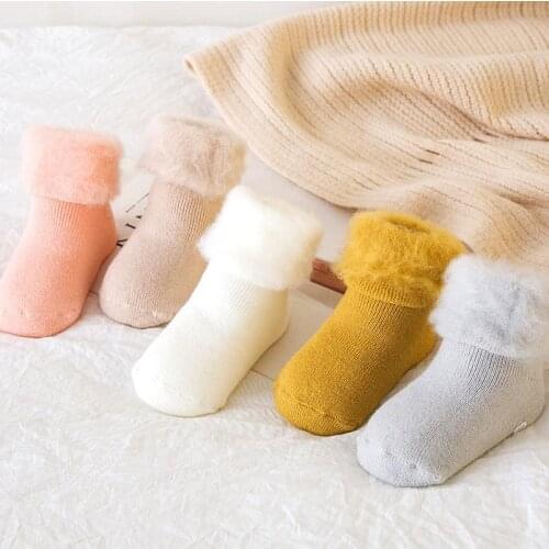 Solid Color Woolen Socks Winter Thick Warm Baby Terry Socks Newborn Cotton Boys Girls Toddler Socks with Non-slip Rubber Soles
