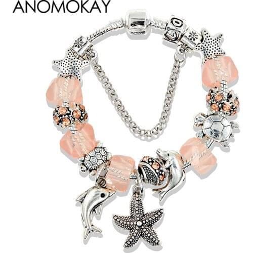Dropshipping Irregular Glass Orange Charm Bracelet Silver Color Starfish Dolphin Turtle Men Casaul Bracelet Ocean Bead Bracelet