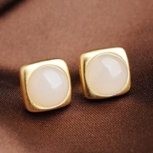 New silver inlaid natural Hotan white jade Square Earrings Chinese style retro unique ancient gold craft womens brand jewelry