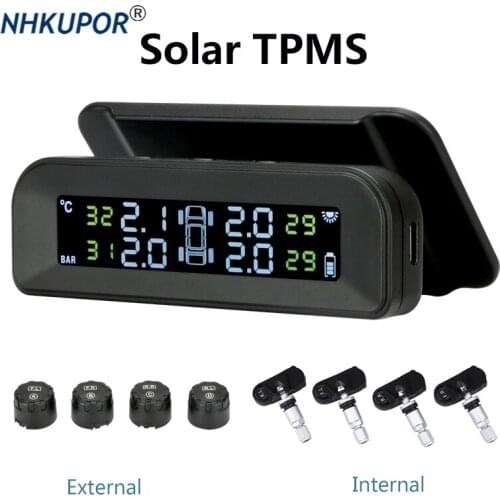 TPMS Car Tire Pressure Alarm Monitor System Real-time Display Attached To Glass Dashboard Wireless Solar Power With 4 Sensors