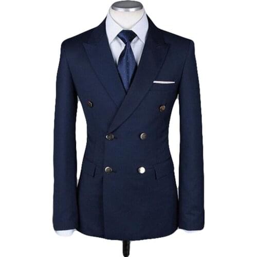 2 Pieces Peak Lapel Navy Blue Double Breast Business Groom Tuxedos Tailor Made Men Suit Wedding Best Man Blazer(Jacket+Pant