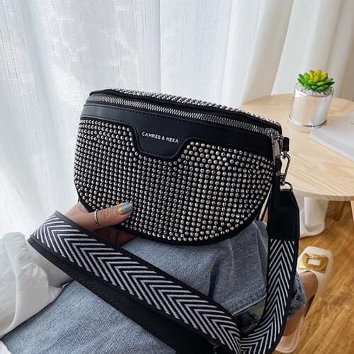 Trend Ladies PU Leather Waist Bag Fashion Shoulder Chest Pack Crossbody Bags Casual Women Belt Bag Rhinestone Black Fanny Packs