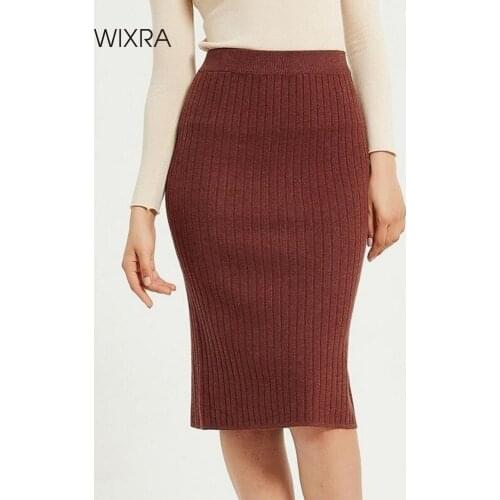 Wixra Womens Knitted Skirts Slim Solid Basic Ladies High Waist Knee-length Skirt Streetwear Autumn Winter Hot