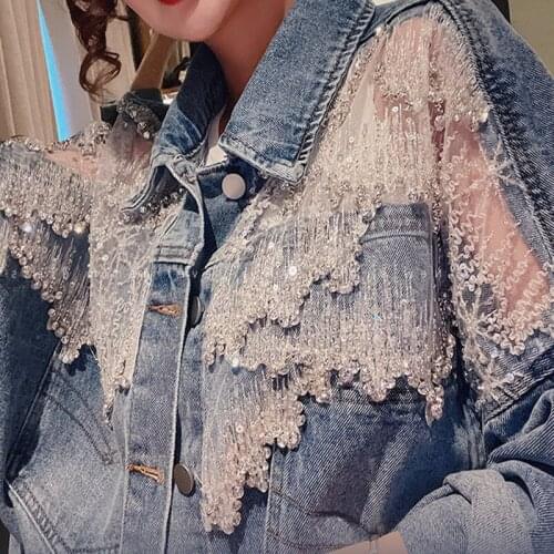 2021 spring And Autumn stitching beaded diamond mesh loose and thin denim jacket top women Y636