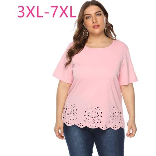 2021 new summer plus size tops for women large short sleeve loose casual hollow out O neck T-shirt pink yellow 4XL 5XL 6XL 7XL