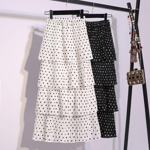 Half-length Skirt Female Spring and Autumn New Black Mid-length Pleated Skirt A-line High Waist Fairy Skirt Polka Dot Cake Skirt