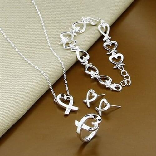 Women Jewelry Sets Silver 925 Jewelry Romantic Heart Necklace Bracelet Earrings Rings Set Bijoux Femme