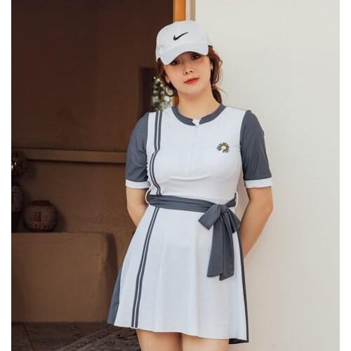 Plus Size Sports Style Swimsuit Women One Piece Solid Swimwear Short Sleeve Belt Skirt Bathing Suit 2XL-5XL Padded Wire-free