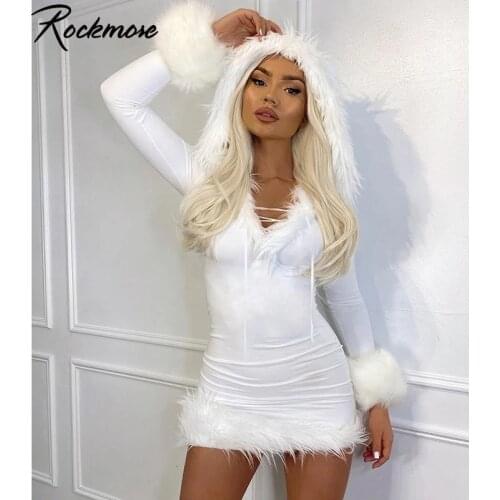 Rockmore Furry Long Sleeve Hooded Bodycon Mini Dresses Women White V Neck Fuzzy Dress Skinny Christmas Party Streetwear Winter