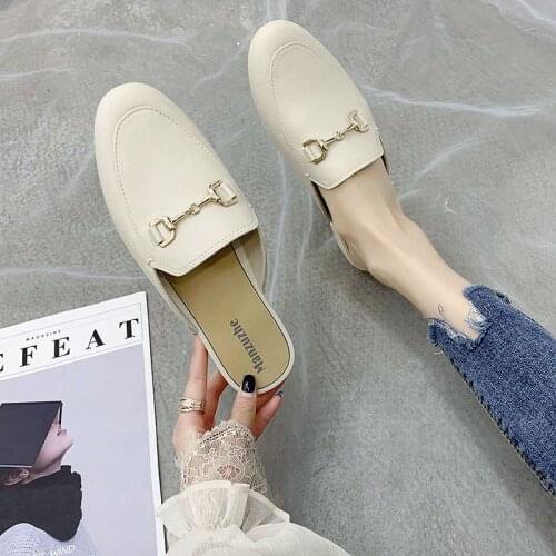 2020 Brand Design Women Mules Round Toe Slip On Slippers Metal Buckle Outdoor Slides Women Lazy Flats Slipper Sandal Shoes