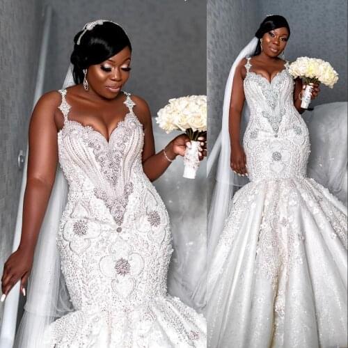 Arabic Luxury Mermaid Wedding Dresses Crystal Beading Spaghetti Straps Lace Appliques Pearls With Flowers Formal Bridal Gowns