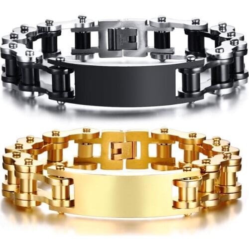 Record 12MM ID Bracelet for Men Gold Tone Stainless Steel Bike Chain 9.25" Pulseira Masculina