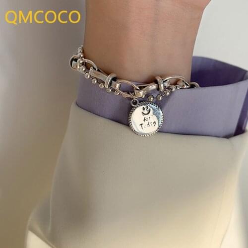 QMCOCO 925 Silver Bracelet Accessories For Women Trendy Punk Hio-Hop Vintage Couples Unique Double Chain Smile Face Jewelry Gift