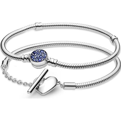 Moments Heart T-bar Sparkling Blue Disc Clasp Snake Chain 925 Sterling Silver Bracelet Fit Europe Bangle Bead Charm Diy Jewelry