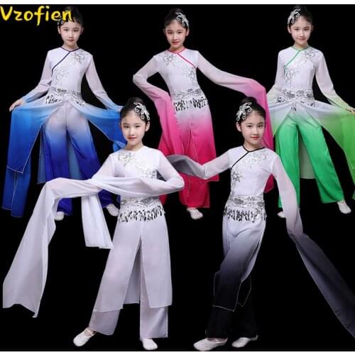 Childrens Classical Water Sleeve Dance Costume Fan Umbrella Dance Suit Hanfu Clothing Ancient Chinese Yangko Stage Performance