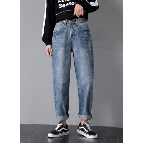Vintage Summer 2019 Ladies High Waist Boyfriend Jeans Woman Blue Button Fly Korean Streetwear Denim Harem Pants Mom Jeans