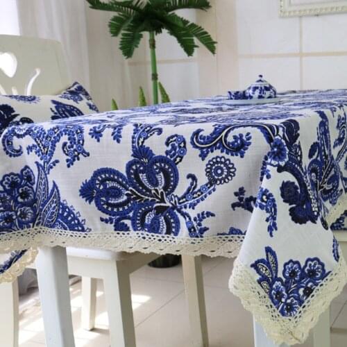 Classical Linen Thickened Table Cloth Blue And White Porcelain Cover Cloth Hotel Restaurant Decoration Rectangular Table Cloth