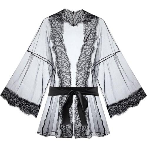 Lace Trim Sheer Mesh Belted Robe Lingerie Sexy Costumes Nightwear Hot Underwear Erotic Nightdress