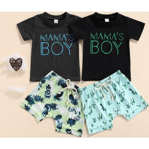 2 Pcs Newborn Summer Outfits Baby Letter Print Short Sleeve Round Neck T-shirt + Tie-up Cactus/Pineapple Pattern Shorts