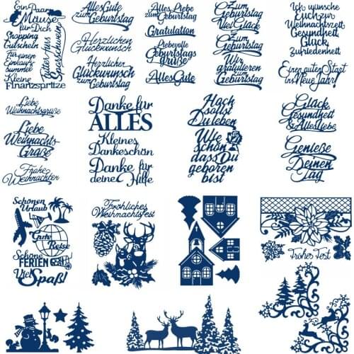 Metal Cutting Dies German Letters Danke Christmas Trees Holly Ornament Elk Flower Poinsettia Lace Corner House Airplane 2020