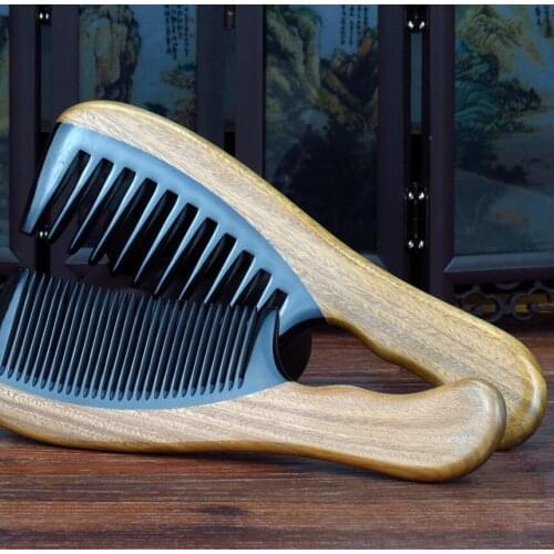 Natural black water horns stitching green sandalwood combs anti-static combs wide teeth & slender teeth choose one D5