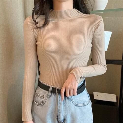 Slimming Womens Sweaters Autumn Long Sleeve Turtleneck Stretch Solid Color Knitted Pullover Casual All Match Sweater Tops