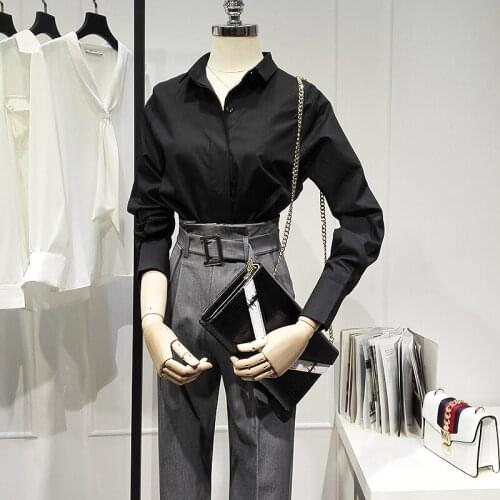 Solid Black Women Shirts Summer New 2021 Turn-Down Collar Long-Sleeved Slim Elegant Office Lady Outwear Tops