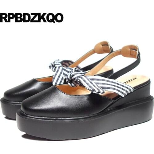 Pumps mary jane plaid square toe black sandals wedge kawaii size 33 platform shoes women chic 3 inch bow slingback high heels