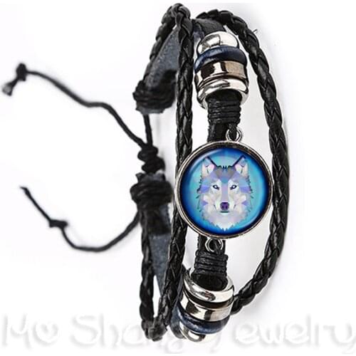 Vintage Black/Brown Leather Bracelet Wolf Head Pattern Glass Metal Buckle Punk Jewelry Weave Multilayer Bracelet Charm