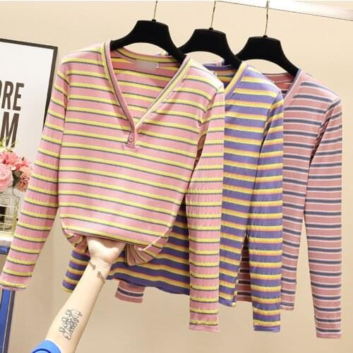 Rainbow Stripe T Shirt Women Button Cotton Basic V-Neck 2021 Korean Style Woman Clothes Womens Long Sleeve Tops T-Shirt Tee Shir