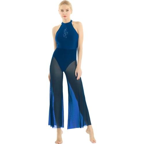Women Shiny Sequins Halter Lace Flared Culottes Ballet Gymnastics Leotard Figure Skating Dress Stage Performance Dance Costume