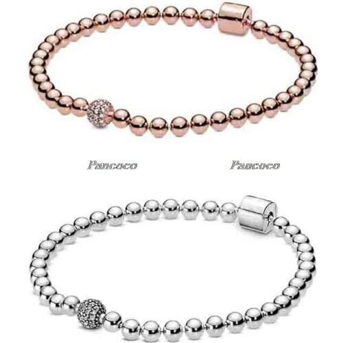 925 Sterling Silver Bracelet Smooth Beads & Pave Crystal Ball Bracelet & Bangle Fit Bead Charm Diy Fashion Jewelry