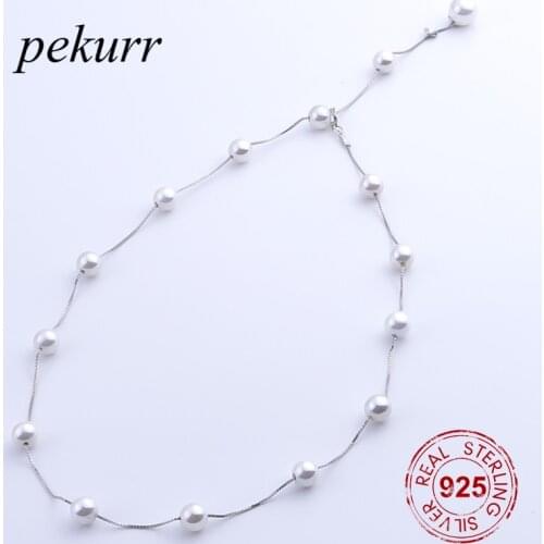 Pekurr 925 Sterling Silver 15 Pieces 6.4mm Round White Pearl Necklace For Women Box Chain Choker Fine Jewelry Gift
