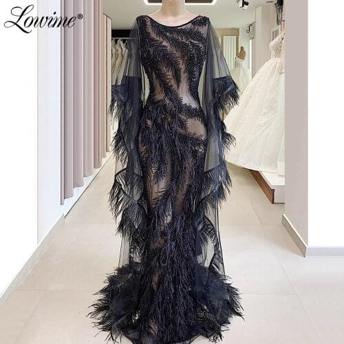 Illusion Baedied Mermaid Evening Dress Feather Arabic Dubai Women Party Gowns Turkish Long Sleeves Custom Made Prom Dresses