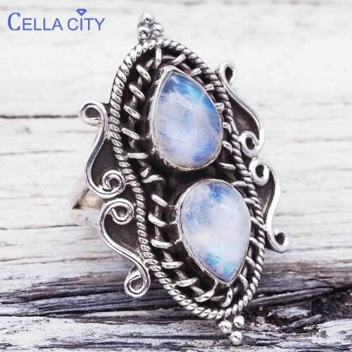 Cellacity Vintage Thai Silver 925 Ring for Women Fine Jewelry with Water Drop Shaped Moonstone Gemstones Female Party Rings Gift