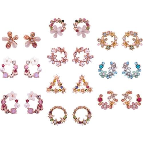 2pcs Earrings Fashion Elegant Floral Rhinestone Decor Stud Earrings Pierced Earrings For Girls Multicolor Jewelry Accessories