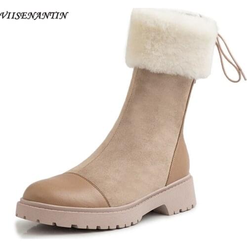 Cute Japanese Fashion Back Lace Khaki Flock Short Snow Boots for Women Genuine Leather Thick Heel Chunky Sole Wool Cotton Shoes