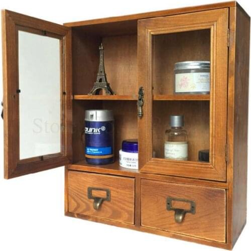 Wooden Desktop Receiving Box, Glass Door, Retro Drawer, Perfume Cabinet, Jewelry Storage Cabinet