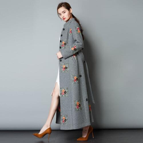 Feminino Casaco Long Wool Coat Plus Size Autumn Winter Coat Women Mandarin Collar Embroidery Floral Coats Abrigos KJ181 s