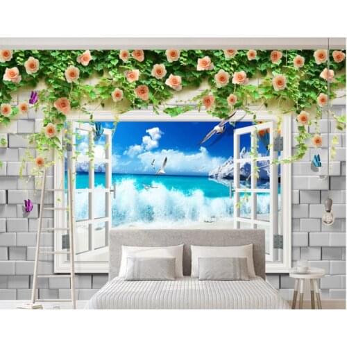 Custom mural 3d wall mural on the wall Brick wall window sea view vine flower wall home decor photo wallpaper in the living room