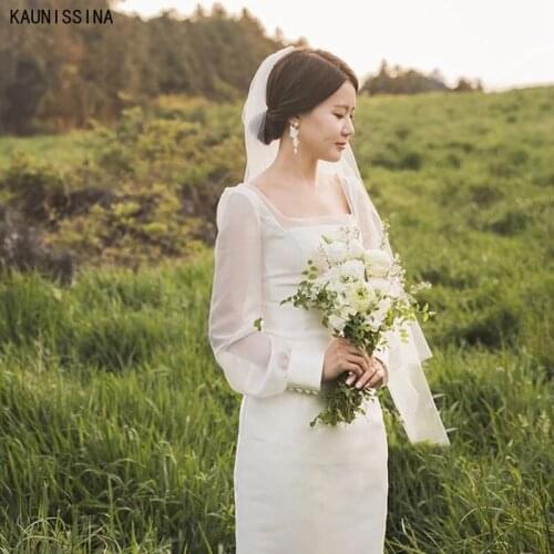 KAUNISSINA Long Wedding Dresses Long Sleeves Square Collar White Simple Bridal Dress For Wedding Party Gowns Vestidos De Novia