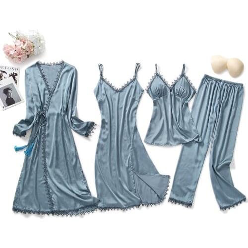 4 PCS Strap Top&Pants Sleep Suit Spring Womens Long Sleeve Pajamas Sets Sexy Sleepwear Pyjamas Lounge Home Wear Nightwear