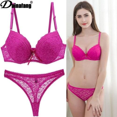 Novelty 2020 Lace Drill Bra Set Womens Plus Size Push Up Bras Panty Underwear Female Thong Sets 34 36 38 40 42 BCDE Cup Lingerie