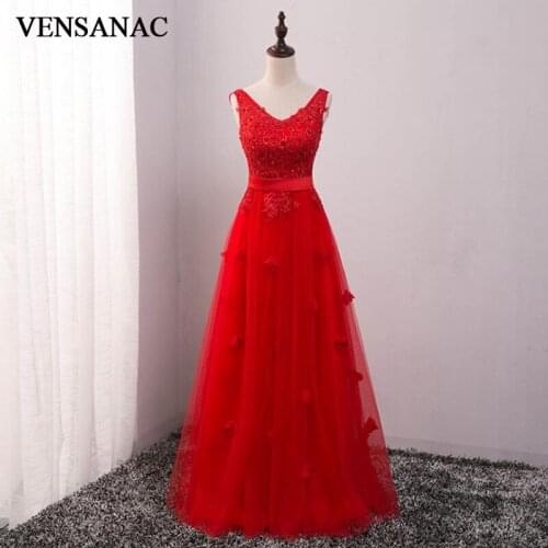 VENSANAC Lace Flowers V Neck Sash Long A Line Evening Dresses 2018 Elegant Sequined Party Appliques Tulle Prom Gowns