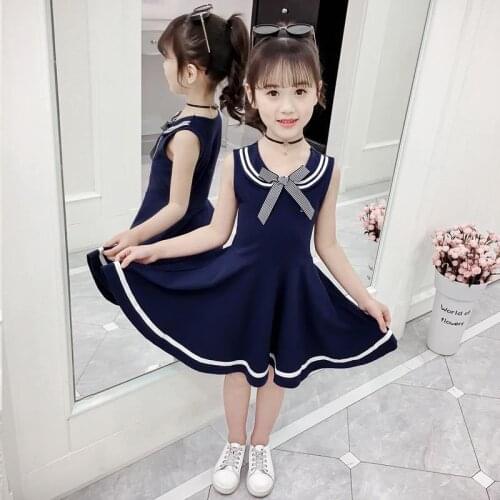 Girls Navy School Style Summer Dress Girls Sleeveless Princess Dresses Kids Clothing Casual Party Girls Dress 4 6 8 10 12 Years