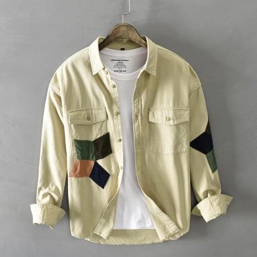 Autumn New Mens Long Sleeve Patchwork Shirts 100%Cotton Fashion Casual Safari Style Turn-down Collar Male Tops Clothing Y3438